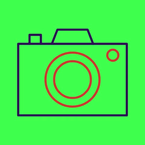 A simple, stylized illustration of a camera with a purple outline and red details, set against a bright green background.