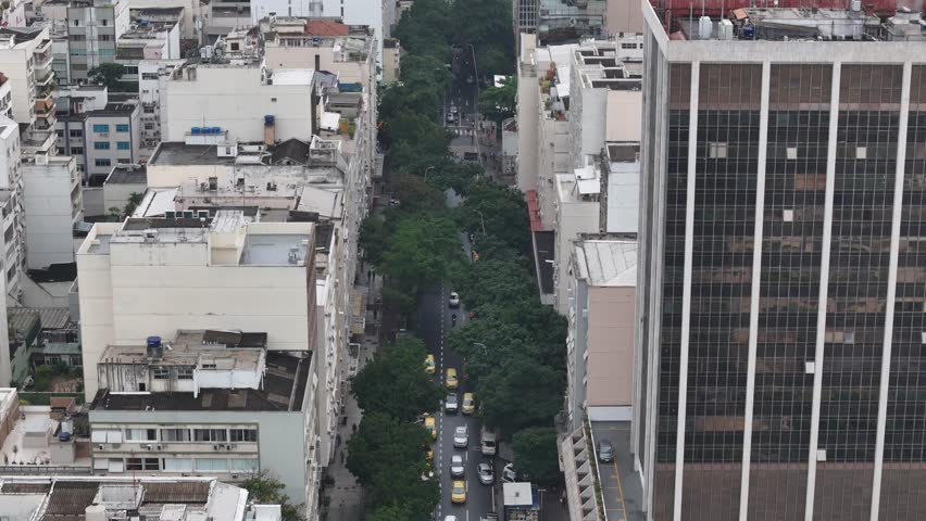 Aerial view of Visconde de Piraja street lined with trees and tall buildings in the Ipanema neighborhood of Rio de Janeiro, Rio de Janeiro, Brazil.