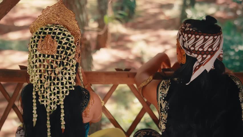 A serene scene showcasing two individuals from behind, adorned in exquisite traditional Indonesian or Javanese ceremonial attire, including a grand golden headdress and batik headscarf, sitting outdoors.