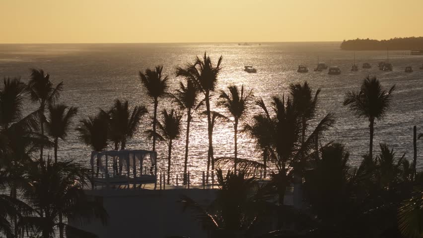 Sunrise Beach At Bavaro In Punta Cana Dominican Republic. Sunrise Skyline. Beach Landscape. Resorts Buildings. Sunrise Beach In Bavaro In Punta Cana Dominican Republic. Nature Background.