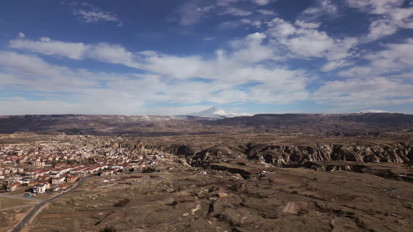 Aerial view of a Cappadocia town and rocky valley landscape under blue sky.
