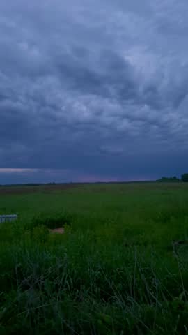 The sky darkens with heavy, textured clouds as twilight approaches over an open, grassy landscape. Sparkling horizontal lightning on the horizon at dusk.