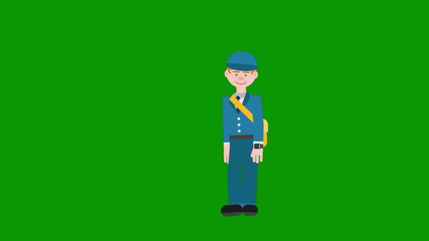 A green screen with cartoon character on it and man in blue suit is walking baseball uniform hat standing background bat front of yellow tie animated chromakey background illustration