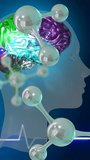 Vertical video: Molecules entering frame colored brain rotating in head, ECG pulsing, showing lobes. Silhouette, neuroimaging, cortex, visualization, 3d, holographic, vertical video - Powered by Shutterstock - Get 15% off with code: PIKWIZARD15