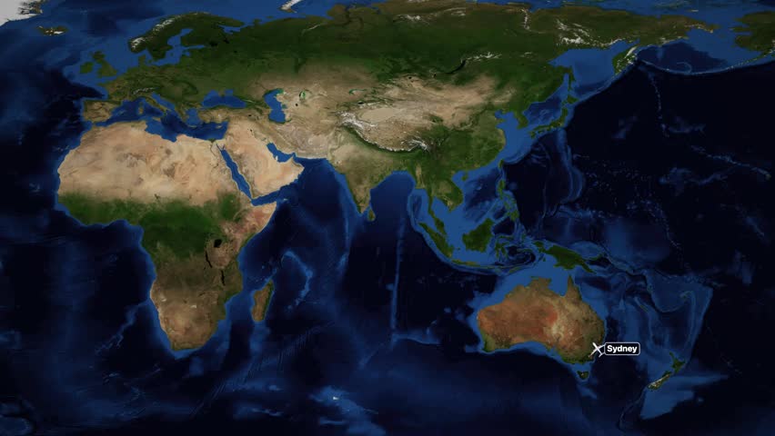 A digital world map tracks a plane flying from Sydney to Zurich with red lines