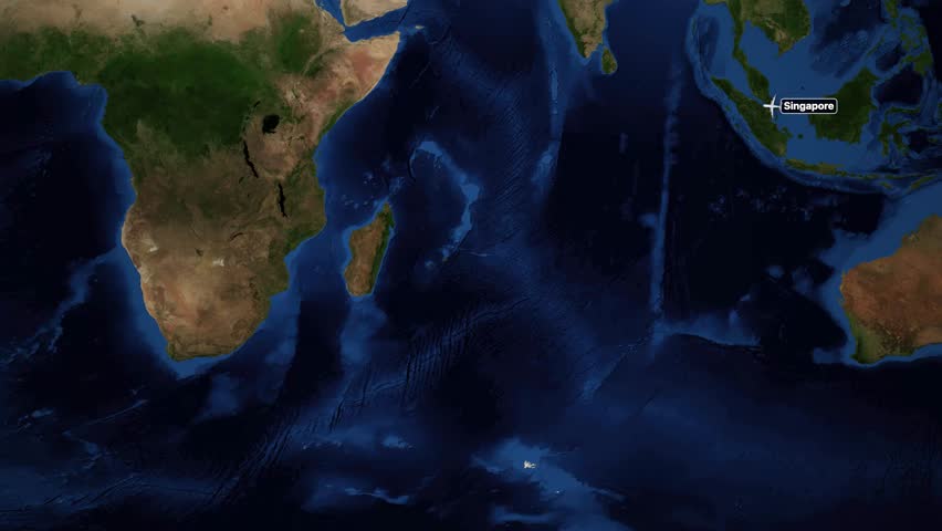 Satellite world map animation tracks an airplane flying from Singapore to Cape Town, South Africa
