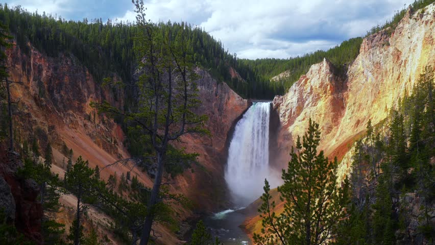Grand Canyon of the Yellowstone cascading waterfalls Inspiration Point North Rim Dr Yellowstone National Park Wyoming USA Red Rock Point Lookout Point nature panoramic scenic landscape cloudy sunny