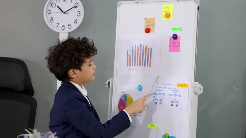 A young boy in a suit points at charts on a whiteboard during a presentation