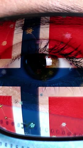 Norway state interests in vaccines, drugs invention, pathogenic viruses studying, preventive measures development. closeup, eye, part of doctor face in medical mask, glasses, which painted in colors o