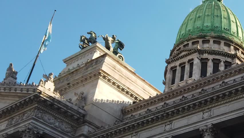 Close Up National Congress Palace Green Dome Quadriga Bronze Horse Statue Argentina Flag Buenos Aires