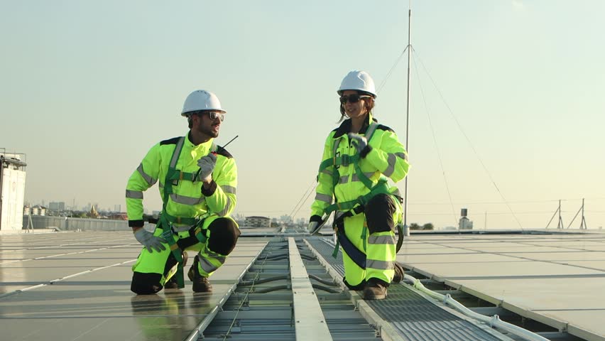 Two service engineers in safety clothing with helmet check solar system at rooftop solar farm with city view. Engineers installing solar panels. Man and woman workers inspecting solar panels on roof.