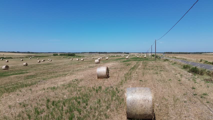 Rural summer landscape with straw bales under blue sky in Italy