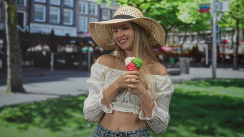 Woman holding ice cream cone with outstretched hands and bare midriff, smiling on a street market; carefree joy.