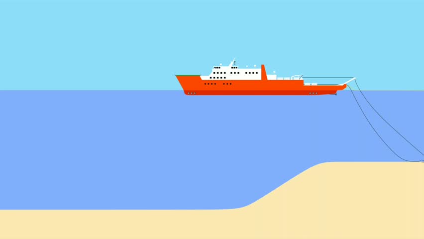 Installation of submarine communications cables. Burial of cables by a plow, plow flying over uneven sea surfaces. Animation for presentations and education.