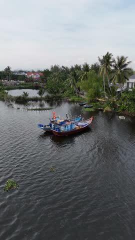 Two colorful traditional Vietnamese fishing boats floating together on a dark river, surrounded by a lush tropical landscape with palm trees and a small village in the background, Hoi An.