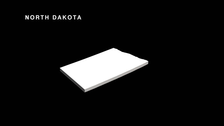 Motion graphic showing the white, three dimensional map of north dakota rotating against a solid black background with text