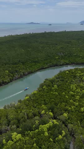 Aerial view of a traditional long tail boat sailing on a river that winds through a lush mangrove forest, eventually flowing out into the vast expanse of the open sea on a tropical island, Koh Lanta, Thailand.