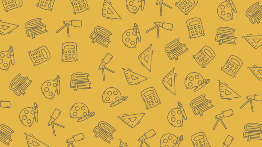 Modern yellow education pattern featuring calculator, telescope, books, and art palette doodles in seamless layout. Ideal for school projects, science learning themes, educational presentations, and children products.