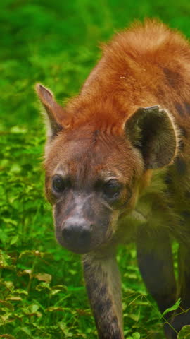 Portrait of a spotted hyena in the grass background