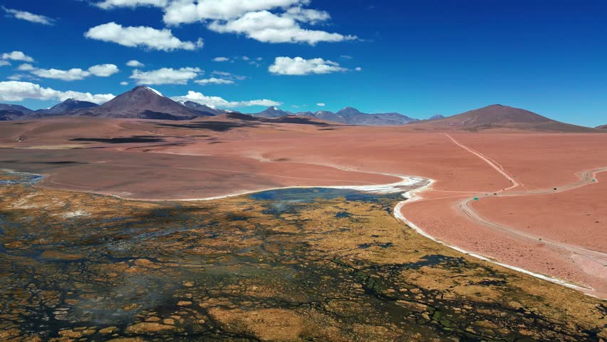 Descending aerial over vast altiplano wetland with blue lagoon and golden bofedal flanked by winding road and volcanic peaks under dramatic sky. Putana, Chile