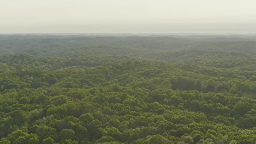 Drone shot aerial moving above south southern Ohio near Ray, OH and Hocking Hills with green tree canopy, sweeping hill hills, and natural midwest woods, rural tree country, and forested landscape 4k