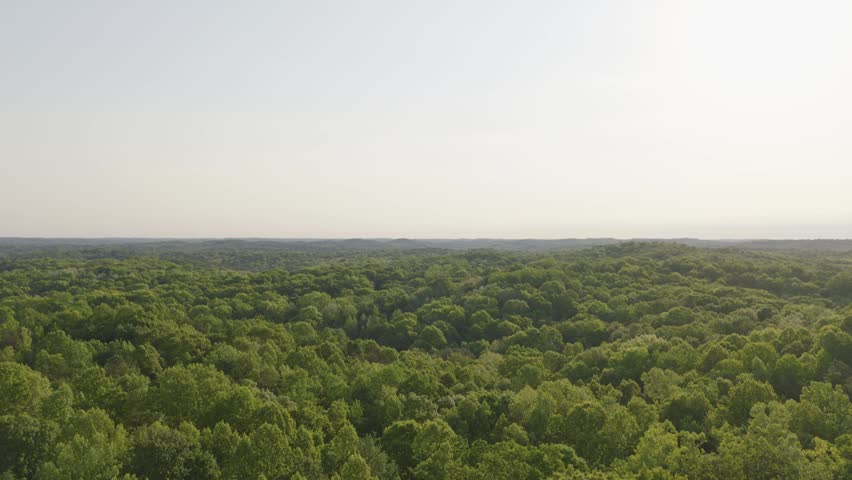 Drone shot aerial moving above south southern Ohio near Ray, OH and Hocking Hills with green tree canopy, sweeping hill hills, and natural midwest woods, rural tree country, and forested landscape 4k
