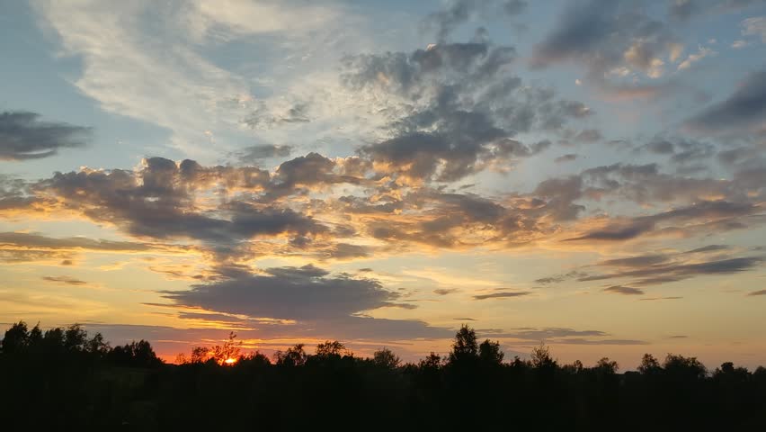Golden sun setting behind dark forest under a blue sky 