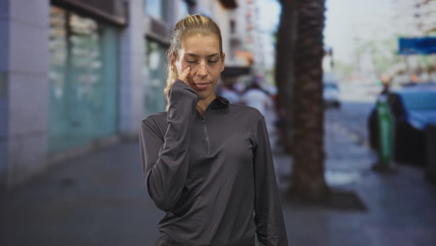 Woman touching cheek with finger near her eye on an urban street by building and palm tree, wearing dark athletic top; thoughtful contemplation.