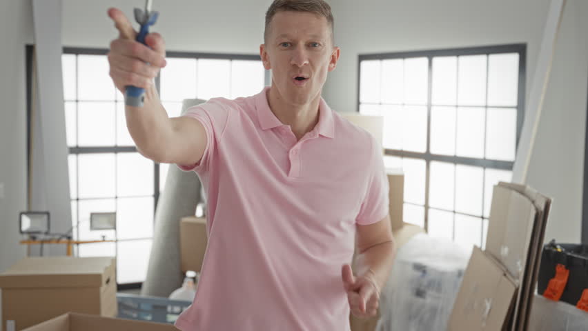 Man in pink shirt holding a paint roller, raising his arm and smiling amid packed boxes in a building; cheerful moving day.