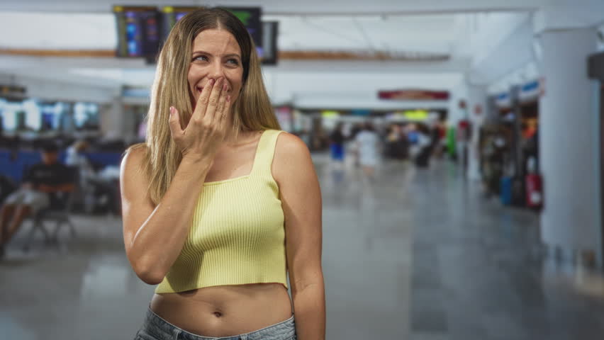 Woman covering mouth with hand in airport terminal wearing yellow crop top and jeans showing midriff; playful warmth.