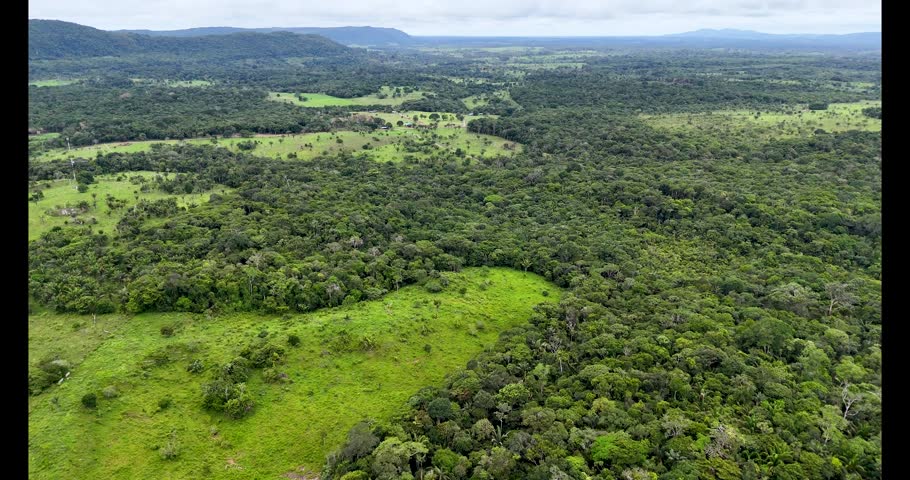 Vast green fields and dense forests under a cloudy sky captured from above in the Guaviare region of Colombia.