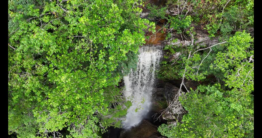 A man standing on a rock by the flowing waterfall surrounded by lush greenery in the vibrant landscape of Colombia.