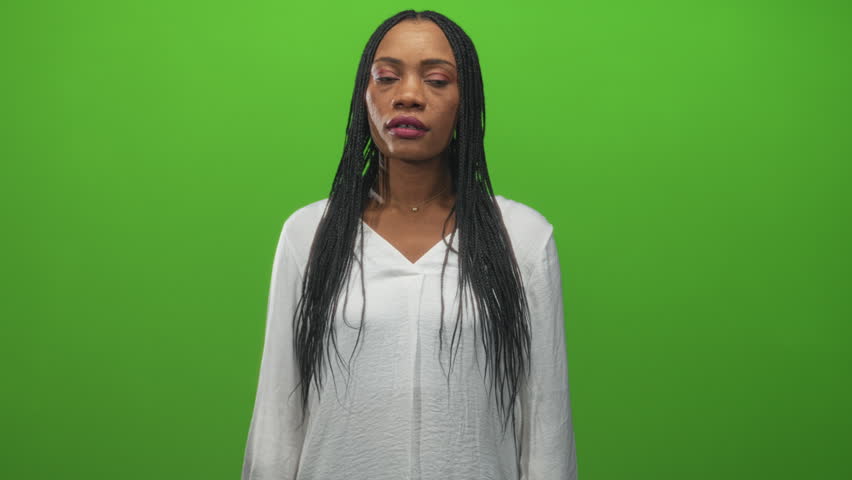 Black woman with long braids crosses arms and holds her shoulder, smartwatch and bracelets visible in studio green screen; quiet contemplation.