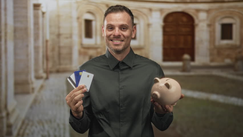 Man holding credit cards and a piggy bank, hands visible, mouth open gesture in building; surprised savings dilemma.