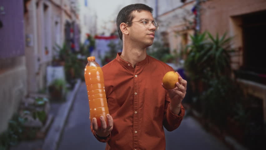 Man holding a bottle of orange juice and an orange, tongue out, standing in a narrow street with potted plants; playful curiosity.