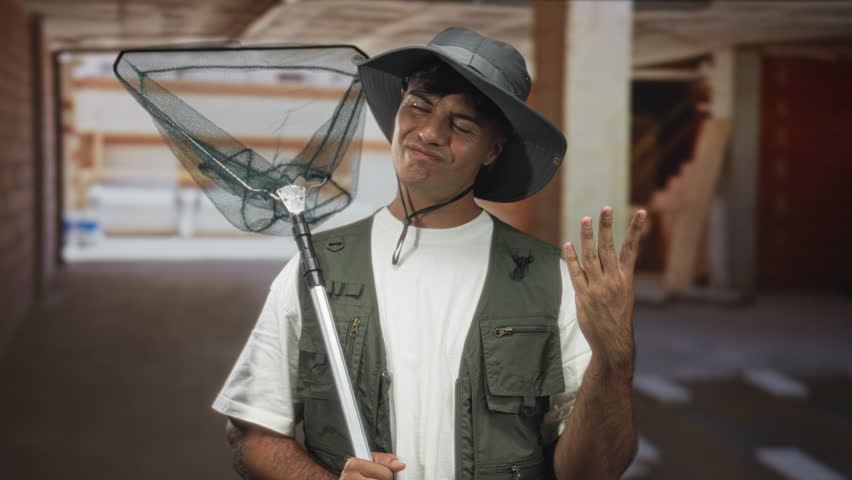 Man holding a landing net, showing five fingers and wearing a brim hat and fishing vest in a building; playful exploration.