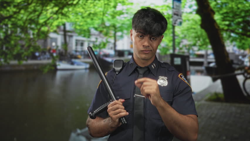 Man police holds baton and adjusts tie on street canal walkway beside moored boats and trees, steady stance and focused gaze; duty vigilance.