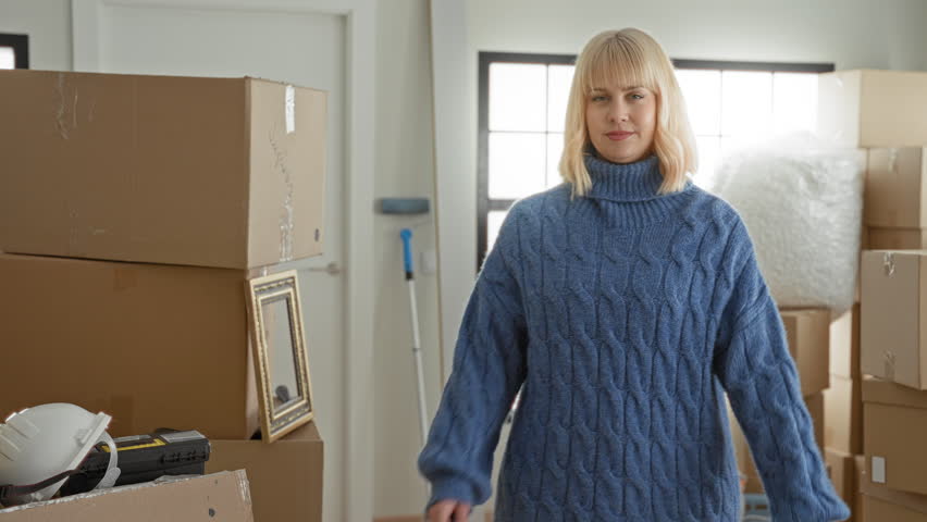 Woman standing amid stacked cardboard boxes with arms crossed and smiling in building; optimism fresh start.