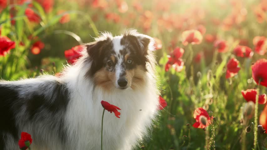 A Shetland Sheepdog stands among blooming red poppies outdoors. Soft floral foreground creates dreamy cinematic atmosphere.