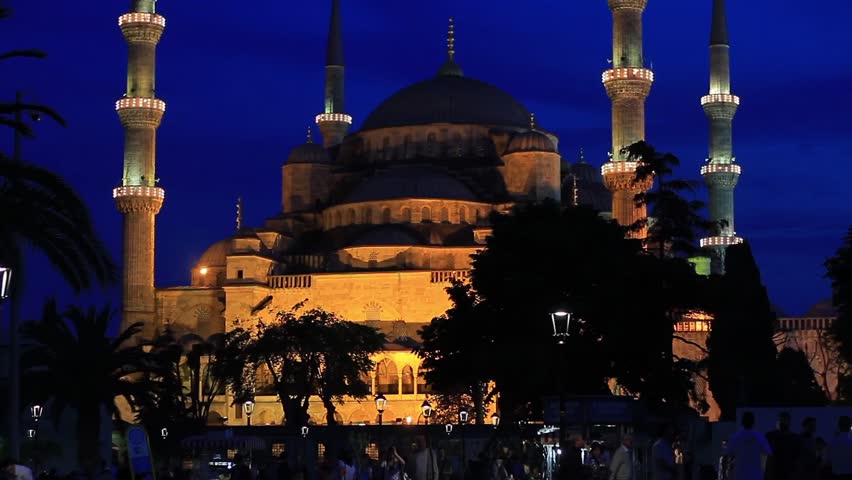 Blue Mosque at Sultanahmet, Istanbul, Turkey. Camera tilts up from bottom to