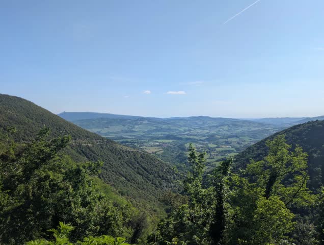A green valley surrounded by wooded hills, with trees in the foreground and a clear sky. A natural, spacious, and relaxing atmosphere