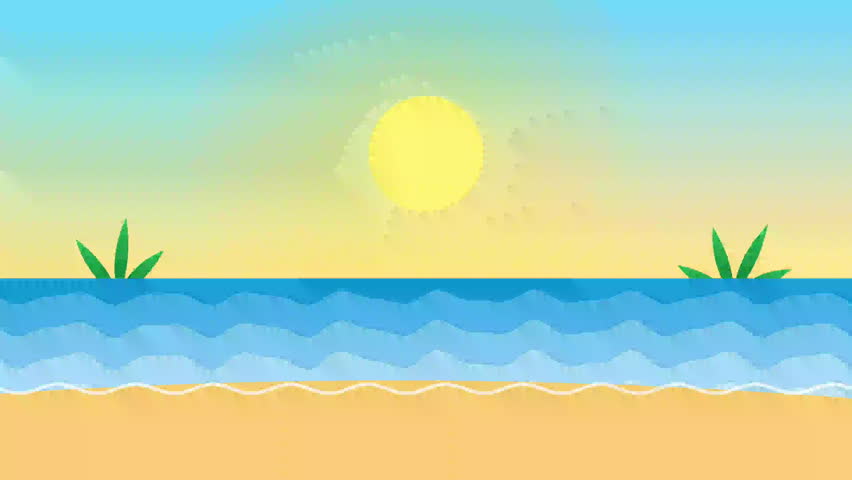 Flat vector beach scene with sun ocean waves and tropical plants