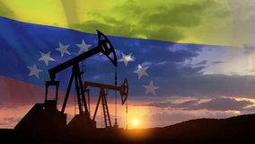The change in oil prices. Oil price cap concept. Oil drilling derricks at desert oilfield with Venezuela flag. Crude oil production from the ground. Petroleum production. - Powered by Shutterstock - Get 15% off with code: PIKWIZARD15
