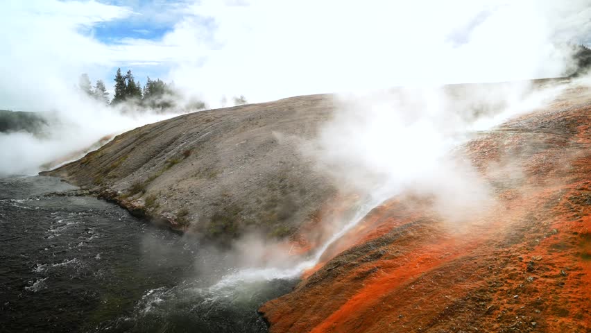 Firehole River Grand Prismatic Spring largest hot springs steaming pool Mid Geyser Basin Wyoming USA Yellowstone National Park nature landscape Midway Boardwalk hiking trail sunny blue sky morning