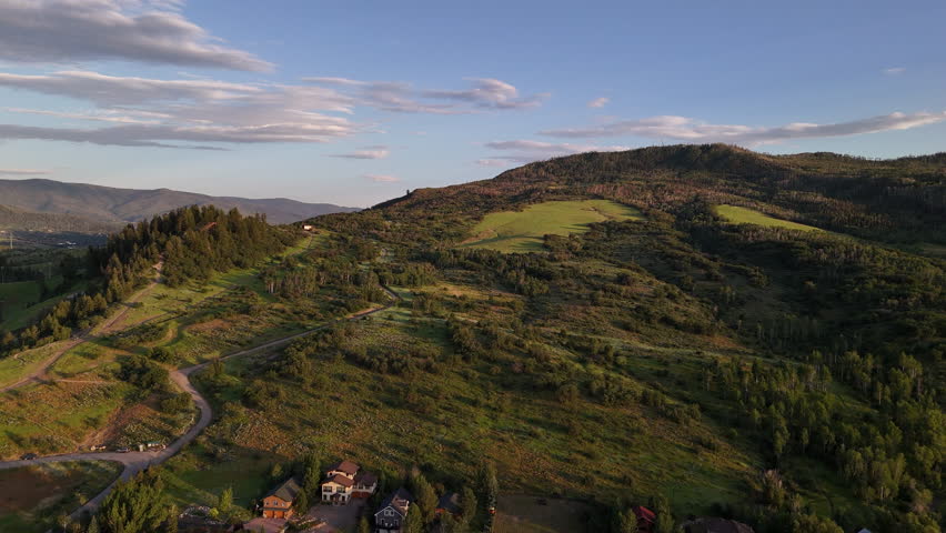 Aerial View of Emerald Mountain, Green Hills Above Steamboat Springs, Colorado USA, Drone Shot