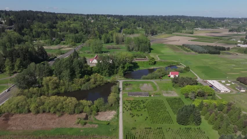 Green Fields And Ponds In Puyallup, Washington, USA - Aerial Drone Shot