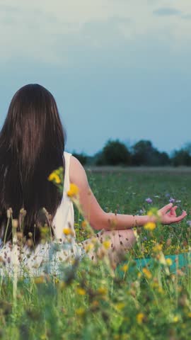 women lifestyle yoga, fitness healthy lifestyle, relaxation female energy, woman field flowers doing yoga against sky, women relax outdoors, beautiful young woman meditating sitting green meadow, fema
