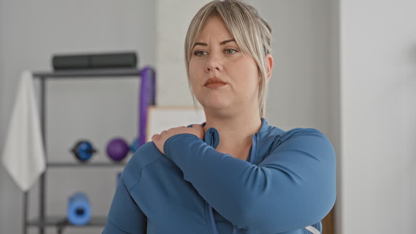 Woman rubbing shoulder with hand after training in studio, blonde in blue sports jacket showing shoulder pain; discomfort.
