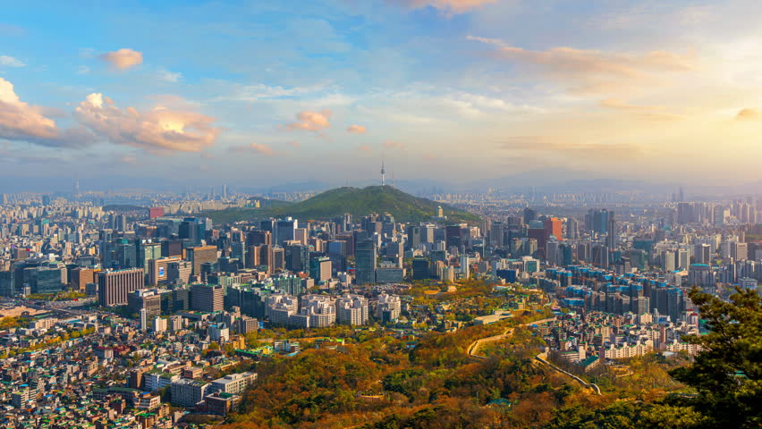 Aerial view of Seoul city at sunset in South Korea.