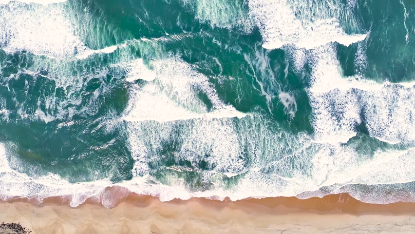 Drone captures the Atlantic coast in Portugal. Waves crash on sandy beach. Coastal dunes and ocean horizon visible. Wild coast and nature landscape featured.